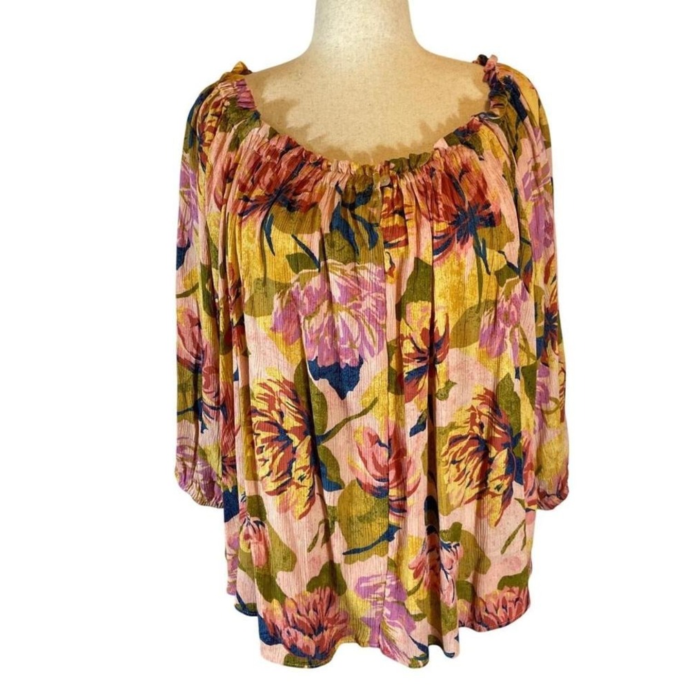 Boho Peasant top floral 100% Rayon puffy sleeves size 1X